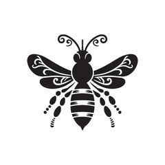 Black Bee Silhouette Vector Illustration, Solid White Background.