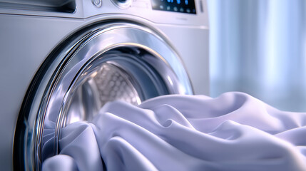 Soft cotton blanket gets freshened inside a sleek washing machine. Bright, airy setting with chrome accents, adding a modern touch. Concept of home care, laundry services, textile cleaning