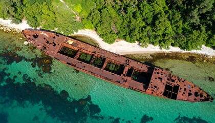 Aerial view of a rusting shipwreck on a coastal shore