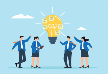 Flat illustration of business people brainstorming with sticky note on bright lightbulb idea effective team meeting discover solution