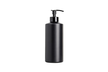 Black cylindrical pump bottle dispenser with sleek modern design, isolated on a transparent background