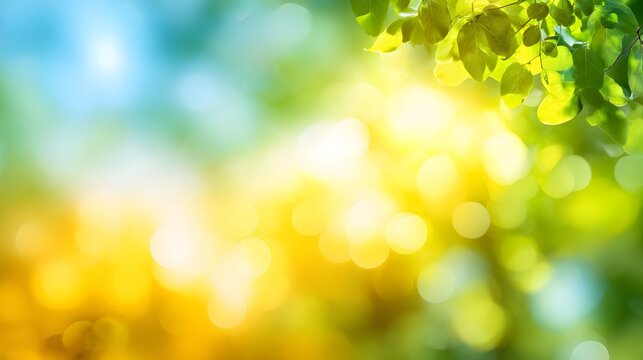 Green leaves with bright sunlight and bokeh background, natural eco-friendly summer backdrop for freshness and environment themes