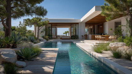 Fototapeta premium Modern Villa with Pool and Ocean View: A sleek, contemporary villa with a stunning pool, seamlessly blending luxury with nature's embrace.