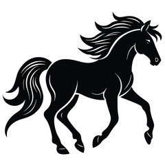 Black silhouette of a galloping horse with flowing mane and tail