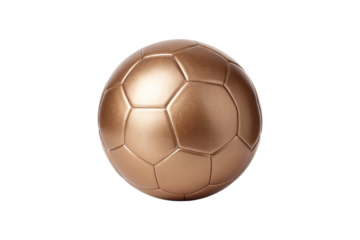 Golden bronze soccer ball football sports equipment metallic finish classic game sphere, isolated on a transparent background