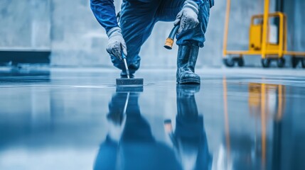 Worker applying sealant to a polished concrete floor