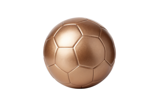Golden bronze soccer ball football sports equipment metallic finish classic game sphere, isolated on a transparent background