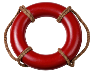 Red lifebuoy ring with brown rope, isolated on transparency background, used for water safety and emergency rescue, essential for swimming pool, beach, or boat, symbolizing protection and security