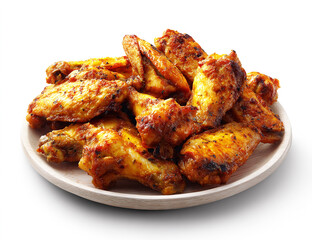 A plate of chicken wings, against a white background, in an isolated style, product photography, high resolution, high quality, high detail, high definition, food magazine