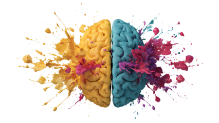 Colorful Paint Splash Explosion Abstract – Yellow, Blue and Purple Liquid Burst on Transparent Background, Creative 3D Render Art