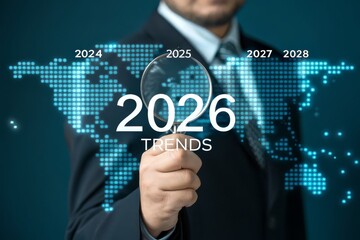Expert analyzing global trends for 2026 with magnifying glass over digital world map