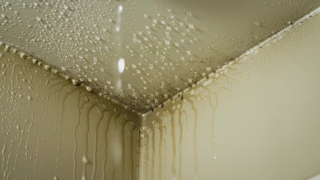 Water Damage and Mold Growth on Ceiling a High Angle Shot Revealing Stains Water Droplets and Structural Decay Emphasizing the Seriousness of Neglect and the Need for Repair