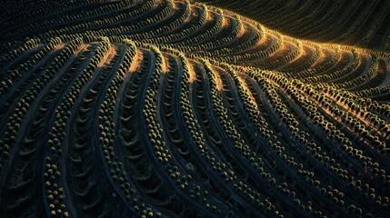 Sunlit terraced hillside with rows of crops.