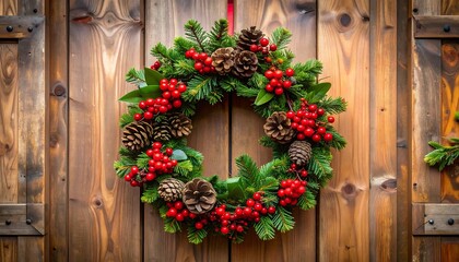 christmas wreath with berries pine cones wooden background