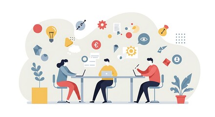 Illustration of three people sitting at a table working on laptops, surrounded by creative icons and plants.