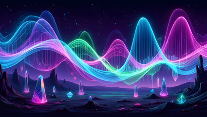 Neon Waveforms over Crystalline Desert: Futuristic, Vibrant, and Dreamlike Digital Art