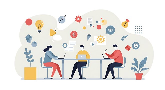 Illustration of three people sitting at a table working on laptops, surrounded by creative icons and plants.