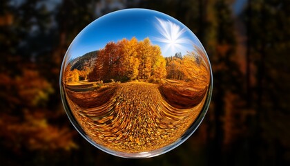 spherical glass bowl reflecting autumn landscape