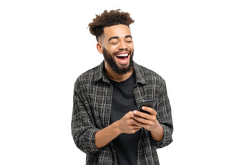 Laughing man in a plaid shirt holds and looks at his phone, smiling. For adverts, technology branding, posters.