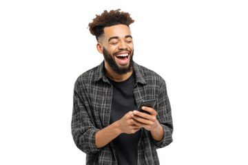 Laughing man in a plaid shirt holds and looks at his phone, smiling. For adverts, technology branding, posters.