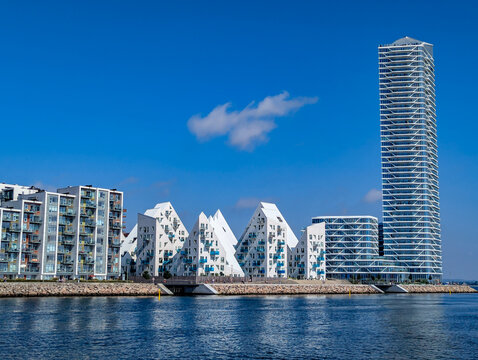 Aarhus, Denmark-August 15, 2025: Iconic Iceberg And Lighthouse Tower Skyline