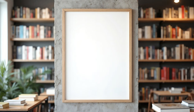 Blank white poster hanging in a modern bookstore with a concrete wall and bookshelves in the background.