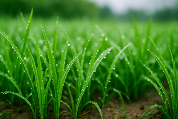 Fototapeta premium Fresh green grass with water droplets in a lush field