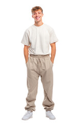 Fototapeta premium Full shot of smiling man in white tee and sweatpants on transparent. Ideal for branding, product photography, posters, and social media content.