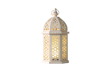 White ornate Moroccan-style lantern with geometric patterns and warm golden interior lighting, isolated on a transparent background