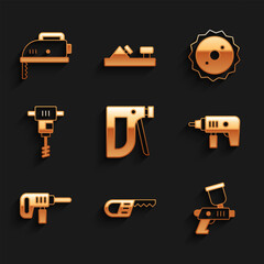 Set Construction stapler, Reciprocating saw, Paint spray gun, Electric drill machine, Electrical hand concrete mixer, Circular blade and jigsaw icon. Vector