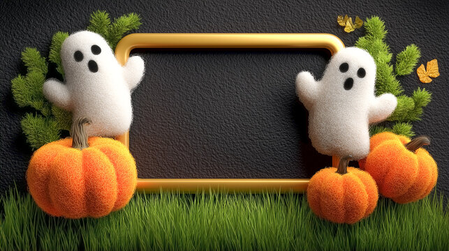Colorful Halloween border frame features ghost figures and pumpkins surrounded by vibrant grass. Suitable for decorations and marketing materials