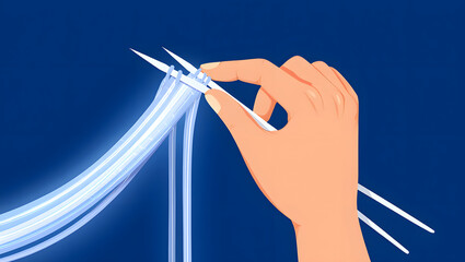 Abstract Hand Knitting Glowing Blue Threads:  Modern Minimalist Design Concept