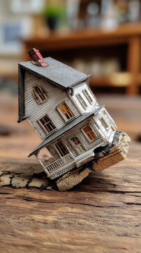 High-quality photo of damaged miniature house model representing structural failure, leaning on wooden surface symbolizing construction defects and.