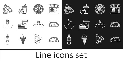 Set line Taco with tortilla, Pizza, Coffee and burger, Nachos in plate, and Soda drink donut icon. Vector