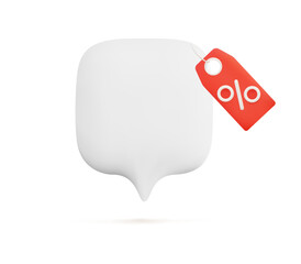 3D speech bubble with red percent tag isolated on white background for sale, discount and marketing promotion template