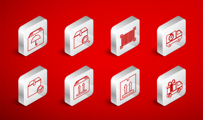 Set line Delivery truck with gift, Search package, Barcode, and stopwatch, Cardboard box traffic, umbrella, and Package check mark icon. Vector