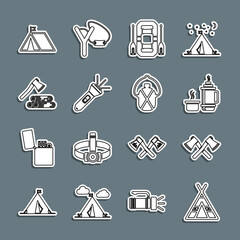 Set line Tourist tent, Crossed wooden axe, Thermos container, Rafting boat, Flashlight, Wooden and, with flag and Canteen water bottle icon. Vector