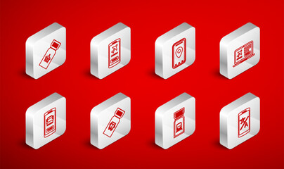 Set line Online translator, Mobile with ticket, Infographic of city map, Laptop, Train, Airline, Bus and car sharing icon. Vector