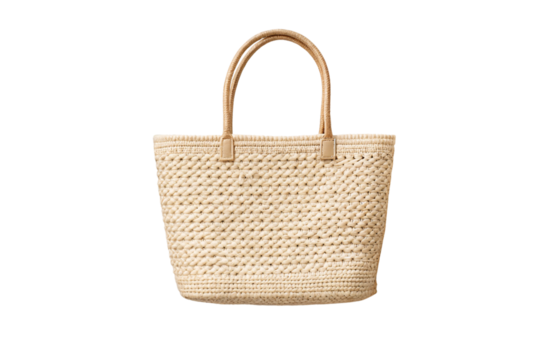 Light beige woven basket tote bag with tight weave construction, isolated on a transparent background
