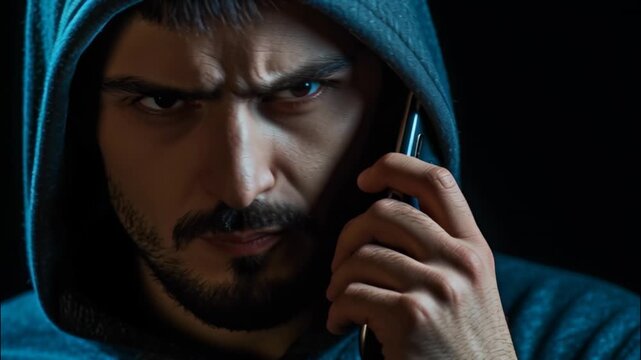 male scammer in hoodie talking on phone on dark background, man, criminal, thief, bandit, killer, fraud, deception, scam, eyes, face, angry, cunning, evil, smirk