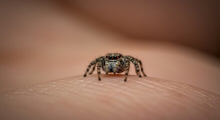 Obraz premium Detailed macro shot of a tiny, curious jumping spider with large forward-facing eyes perched on human skin