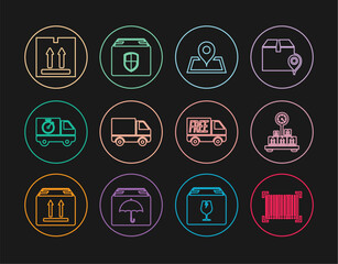 Set line Barcode, Scale with cardboard box, Placeholder on map, Delivery cargo truck vehicle, and stopwatch, Cardboard traffic, Free delivery service and security shield icon. Vector