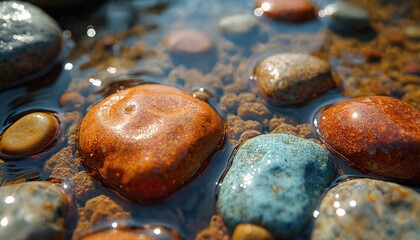 Close-up of riverbed featuring smooth, polished stones in shallow, flowing water. Sunlight reflects off wet surfaces, creating serene, tranquil natural scene. Detailed texture of rocks, clear water