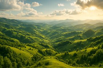Obraz premium Scenic view of rolling green hills during golden hour sunset