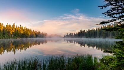 misty lake surrounded by dense pine forest at sunrise with calm water reflecting trees and soft pastel sky creating peaceful and quiet nature scene