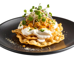 Modern Gourmet Papri Chaat on Black Plate, Close-Up, Isolated