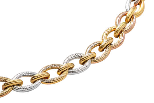 Elegant twisted rope chain with alternating gold and silver links, isolated on a transparent background