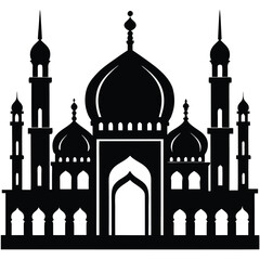 Black silhouette of a grand mosque with multiple domes and minarets 1
