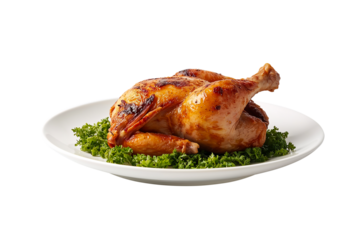 Delicious whole roasted chicken served on a plate with fresh green garnish, perfect for dinner and holiday meals, png