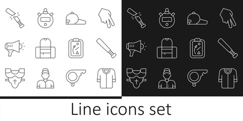 Set line Baseball t-shirt, bat, cap, Sport bag, Megaphone, Broken baseball, Planning strategy and Stopwatch icon. Vector